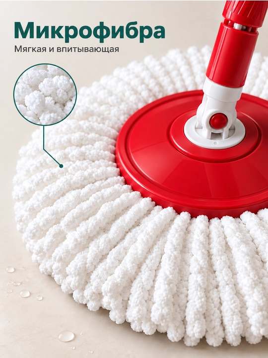 Aylanadigan shvabra to'plami 360°, chelak, mikrofiber, o'z-o'zidan siqiladigan, plastmassa