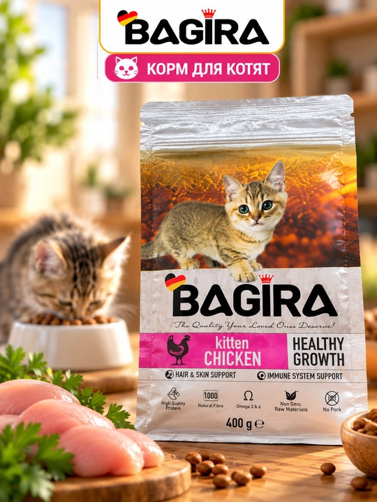 Mushuklar uchun quruq yem BAGIRA, tovuqli va lososli, 400 g - 
