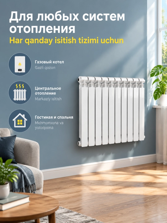 Биметаллический радиатор 500/80, 10 секций, рабочее давление 16 бар, гарантия 10 лет