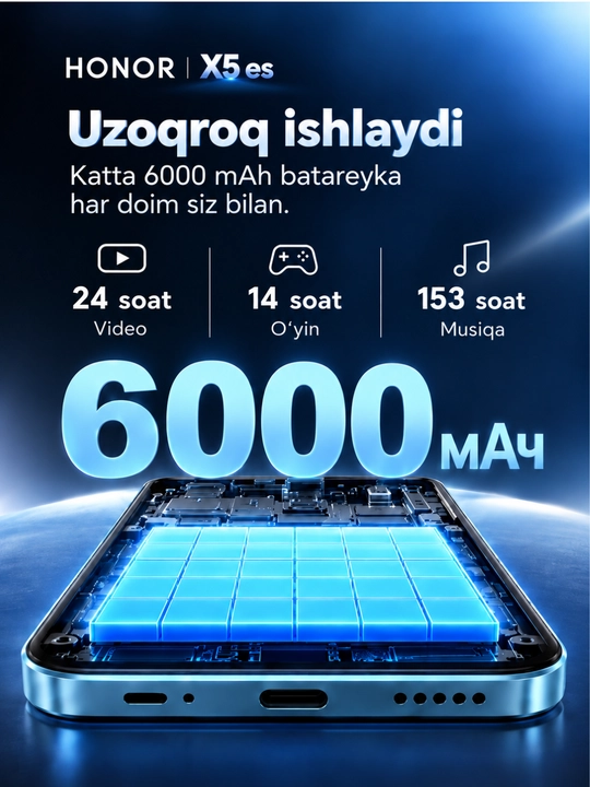 Смартфон HONOR X5es, 6.9 экран 90 Гц, 6000 мАч батарея, 4+4/64-128 ГБ, 13 МП камера