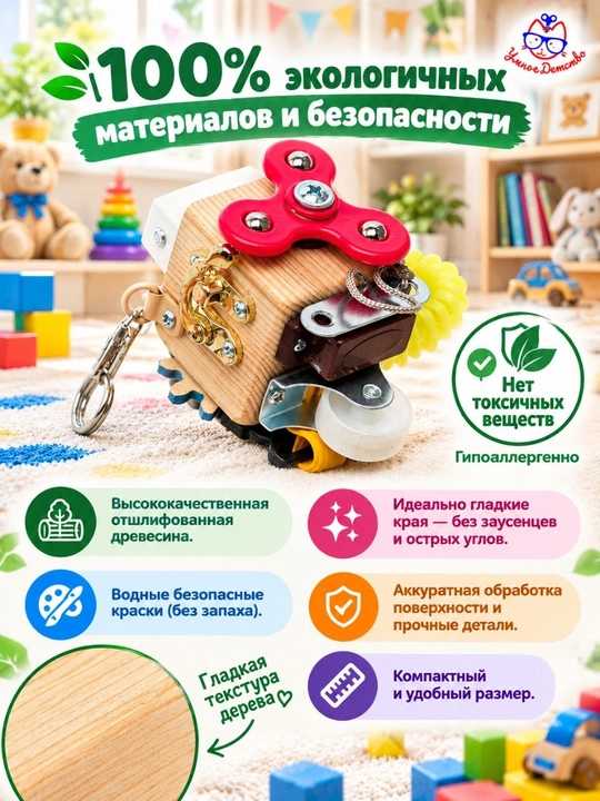 5x5 sm o‘lchamdagi yog‘och bizikub, rivojlantiruvchi Montessori bizibordi