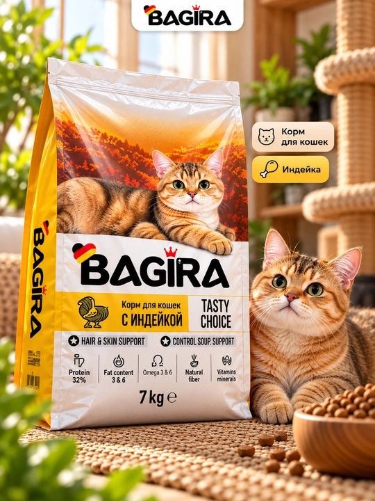 Mushuklar uchun quruq ozuqa BAGIRA, tovuqli, kurkali va lososli, 7 kg - 
