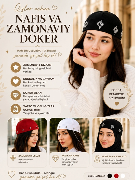 Qizlar uchun doker kepka mavsum tanlamaydi hijobli qizlar uchun ham qulay