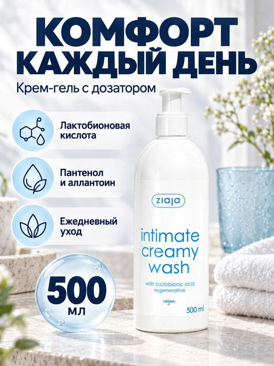 Intim gigiyena uchun gel Ziaja laktobion kislotali, kremsimon, dozatorli, 500 ml