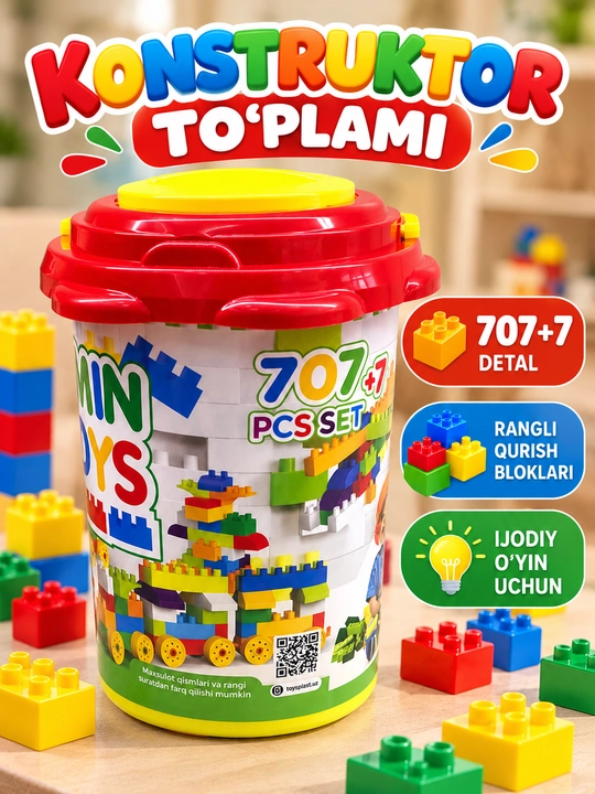 Bolalar uchun konstruktor, yig‘ish uchun rangli qismlar to‘plami, 707+7 ta element - 