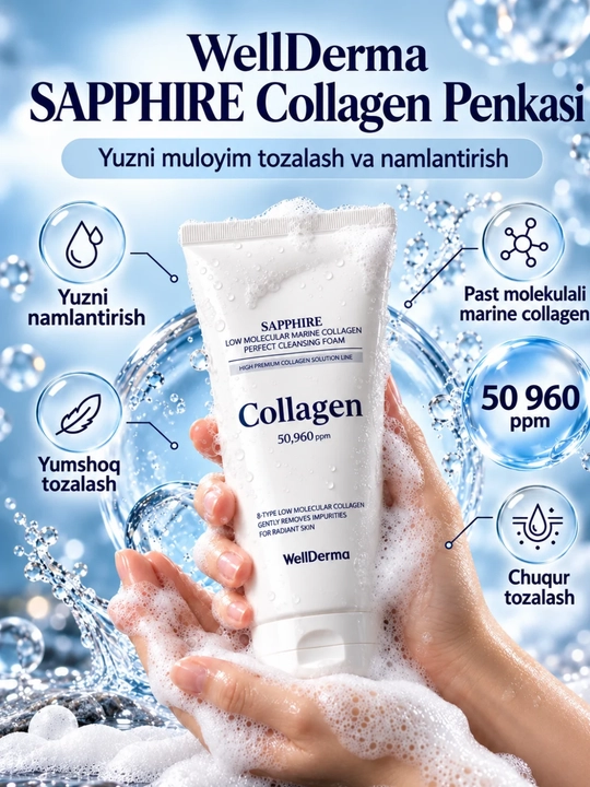 Yuz yuvish uchun penka WellDerma Sapphire dengiz kollageni bilan, namlantiruvchi, 150ml