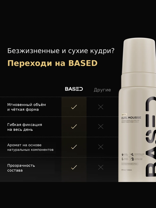 BASED Curl Mousse, мусс для кудрей, объём волос, укладка локонов, гибкая фиксация