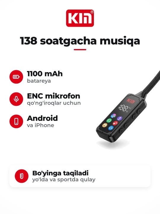 Simsiz quloqchinlar KIN KL100 Bluetooth 5.4 1100 mAh ENC bo‘yin gardishli mikrofon