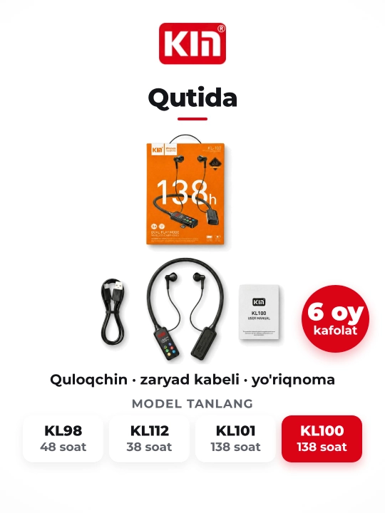 Simsiz quloqchinlar KIN KL100 Bluetooth 5.4 1100 mAh ENC bo‘yin gardishli mikrofon