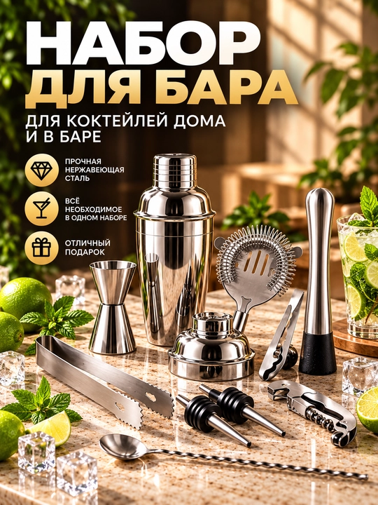 Набор для бара, коктейля, шейкер, джиггер, 550 мл - 
