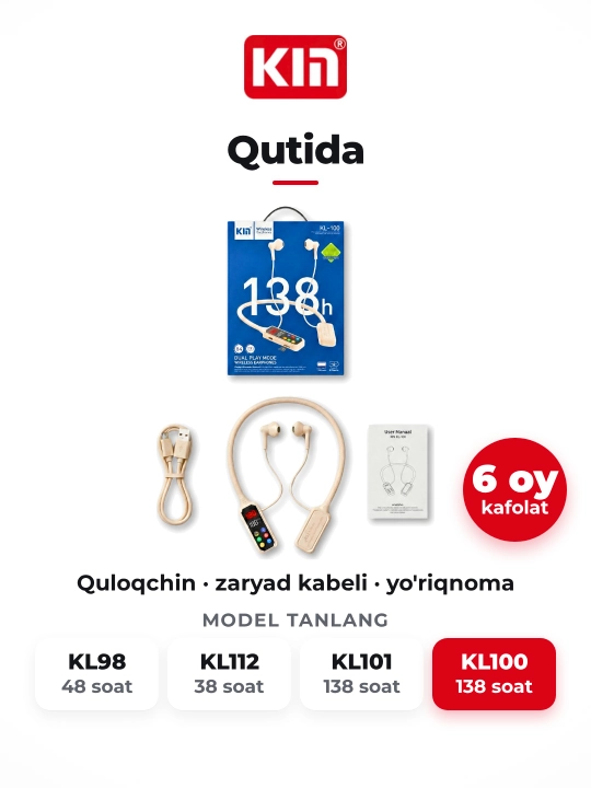 Беспроводные наушники KIN KL100 Bluetooth 5.4 1100 mAh ENC микрофон с шейным ободком