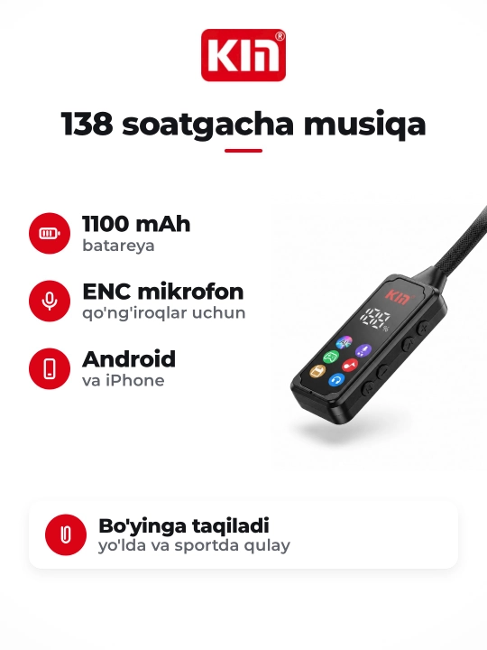 Беспроводные наушники KIN KL100 Bluetooth 5.4 1100 mAh ENC микрофон с шейным ободком