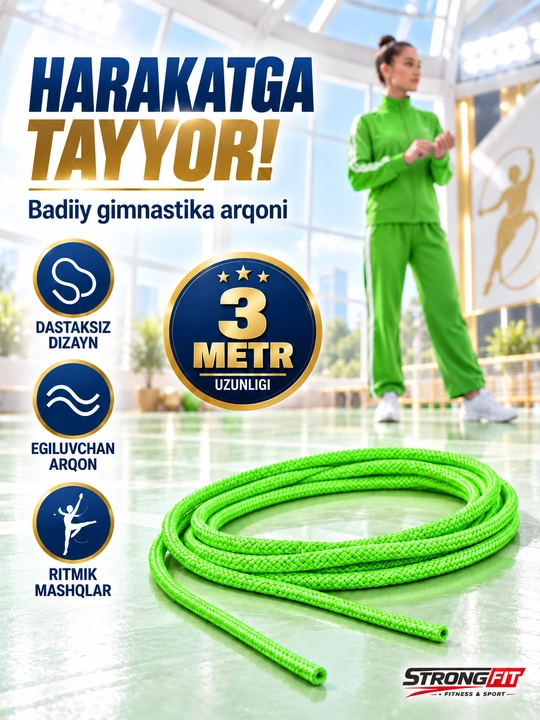 Badiiy gimnastika uchun arg‘amchi, dastaksiz sakrash arqoni, skakalka, 3 metr