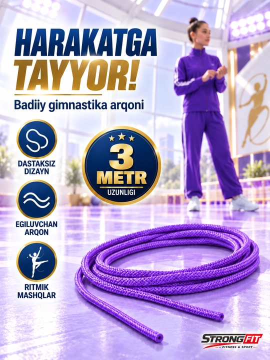 Badiiy gimnastika uchun arg‘amchi, dastaksiz sakrash arqoni, skakalka, 3 metr