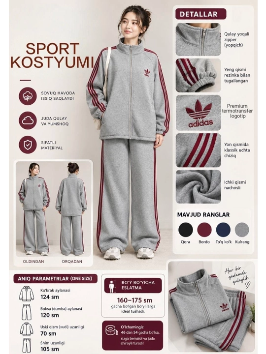 46-54-o‘lchamli, taralgan, issiq ayollar sport kostyumi