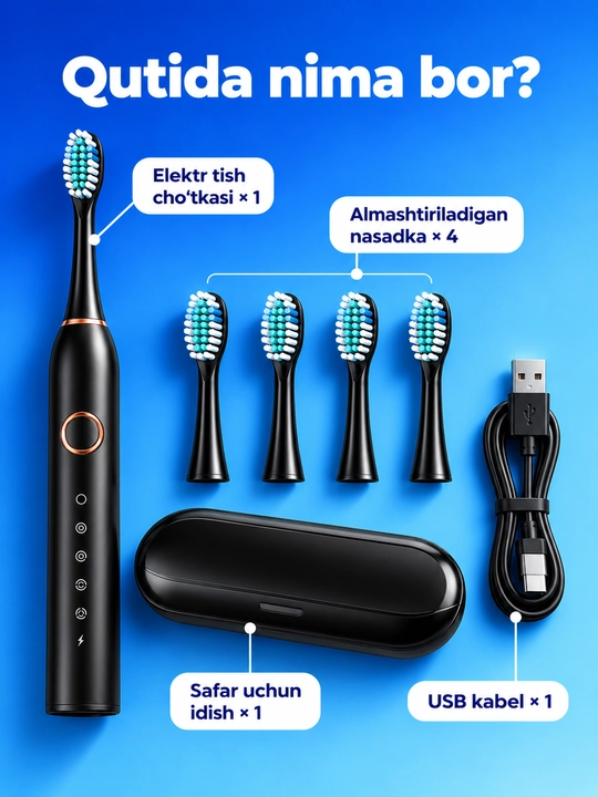 Elektr tish cho'tkasi USB, 5 rejim, 4 ta nasadka