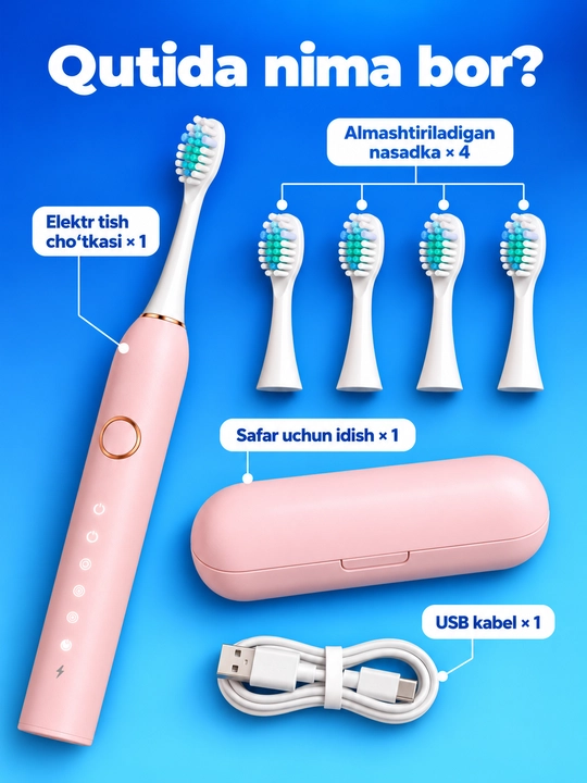 Elektr tish cho'tkasi USB, 5 rejim, 4 ta nasadka