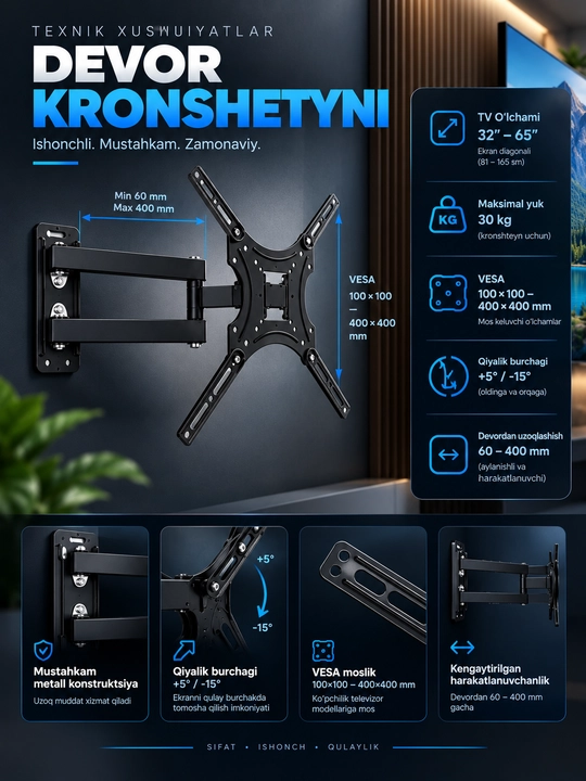 Televizor uchun qiya buriluvchi kronshteyn, 180 daraja 15-55