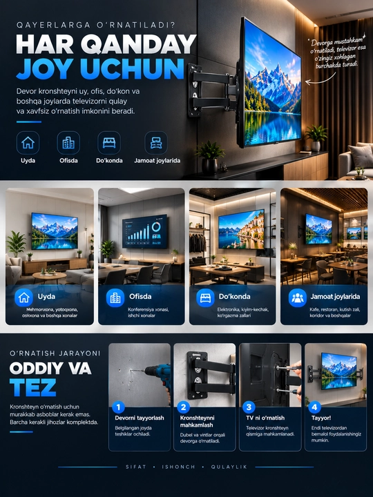 Televizor uchun qiya buriluvchi kronshteyn, 180 daraja 15-55