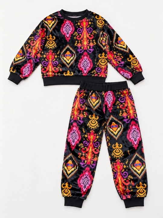Qiz bolalar velur sport kostyumi 4-8 yosh, milliy naqshli kofta va shim, komplekt dvoyka
