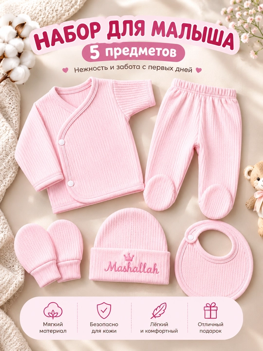 Комплект для новорождённых 5 предметов, интерлок, набор для малыша - 