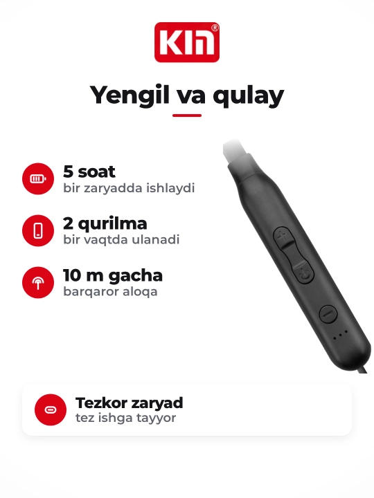 Беспроводная гарнитура KIN KL02, Bluetooth, 5 часов работы, подключение 2 устройств