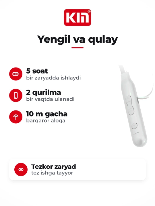 Беспроводная гарнитура KIN KL02, Bluetooth, 5 часов работы, подключение 2 устройств