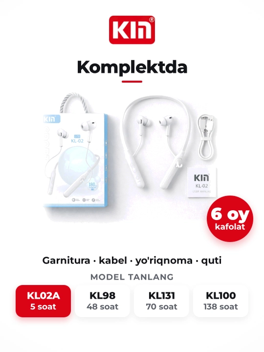 Беспроводная гарнитура KIN KL02, Bluetooth, 5 часов работы, подключение 2 устройств