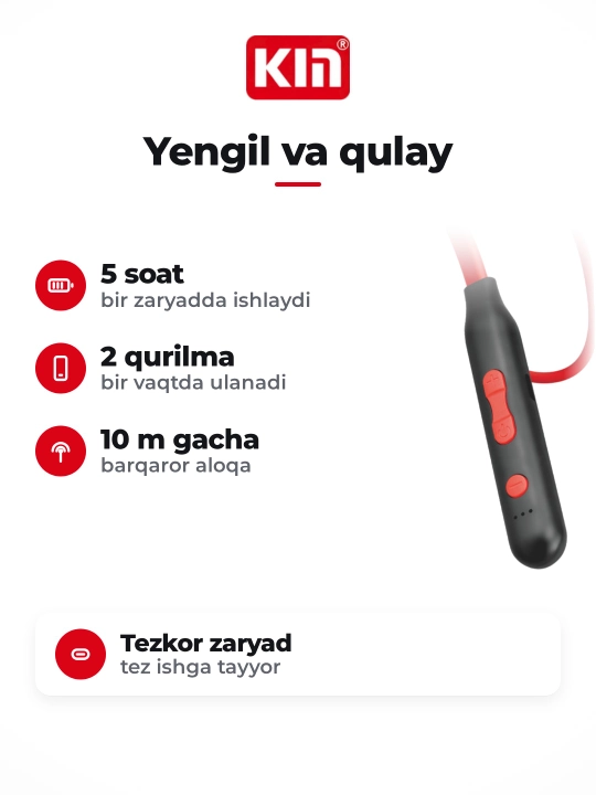 Беспроводная гарнитура KIN KL02, Bluetooth, 5 часов работы, подключение 2 устройств