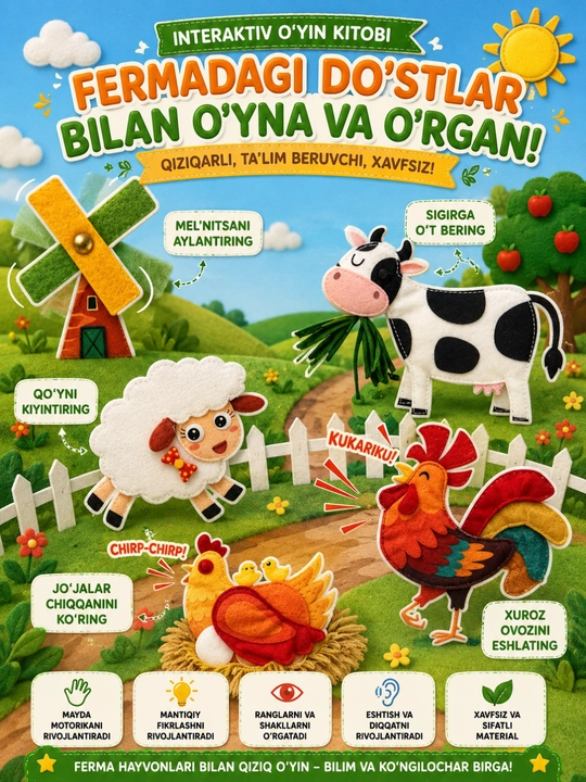 Bolalar uchun rivojlantiruvchi oyinchoq bizibord kitobchasi, aql charxliydi, matorika rivoji