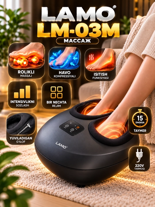 LAMO LM-03M oyoq massajeri - 3D rolikli massaj, kompression massaj funksiyasi bilan