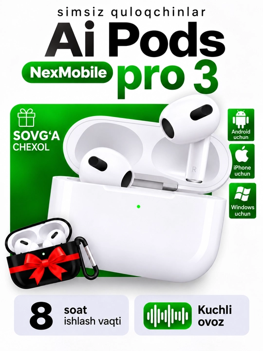 Simsiz quloqchinlar Pods Pro 3 iPhone va Android uchun, sensorli - 