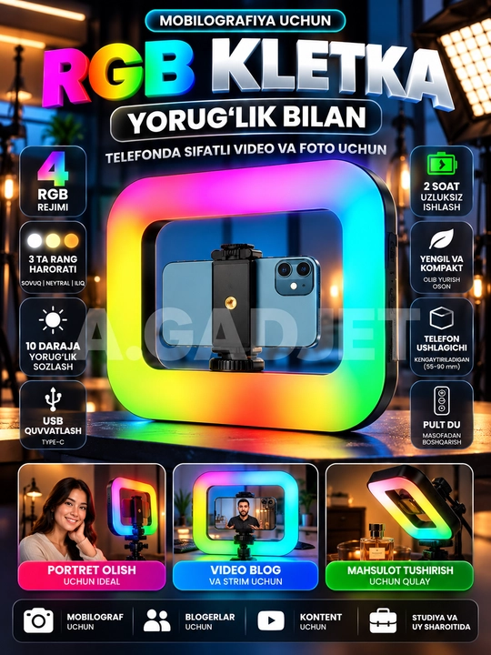 Halqali selfi chiroq, RGB, LED, katak, rig, telefon uchun qo‘l stabilizatori