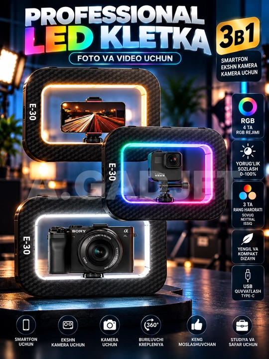 Halqali selfi chiroq, RGB, LED, katak, rig, telefon uchun qo‘l stabilizatori
