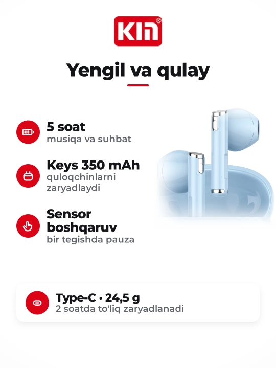 Беспроводные наушники KIN KL55, Bluetooth 5.3, сенсорное управление, микрофон, 6 цветов