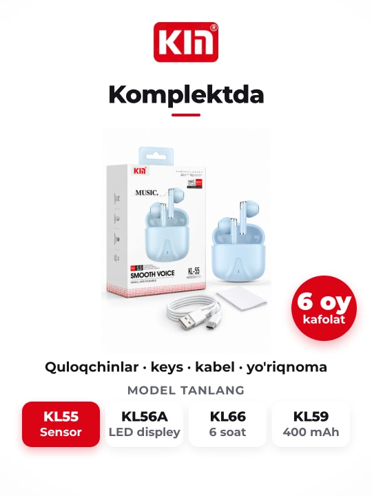 Беспроводные наушники KIN KL55, Bluetooth 5.3, сенсорное управление, микрофон, 6 цветов