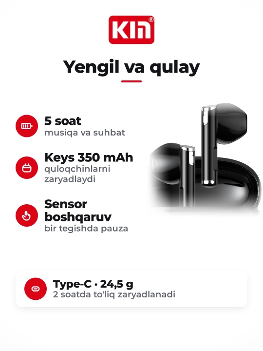 Беспроводные наушники KIN KL55, Bluetooth 5.3, сенсорное управление, микрофон, 6 цветов