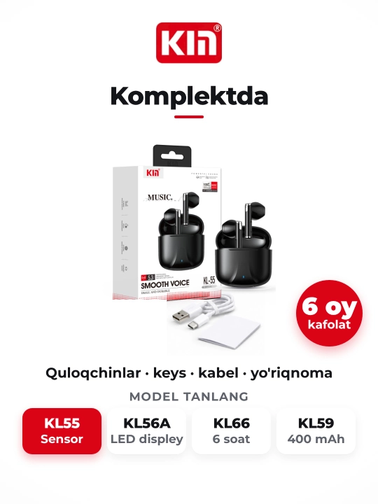Беспроводные наушники KIN KL55, Bluetooth 5.3, сенсорное управление, микрофон, 6 цветов