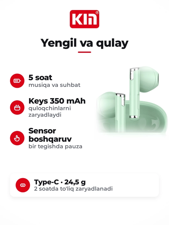 Беспроводные наушники KIN KL55, Bluetooth 5.3, сенсорное управление, микрофон, 6 цветов