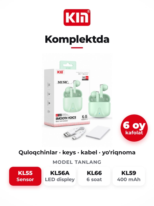 Беспроводные наушники KIN KL55, Bluetooth 5.3, сенсорное управление, микрофон, 6 цветов