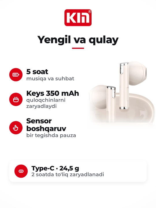 Беспроводные наушники KIN KL55, Bluetooth 5.3, сенсорное управление, микрофон, 6 цветов
