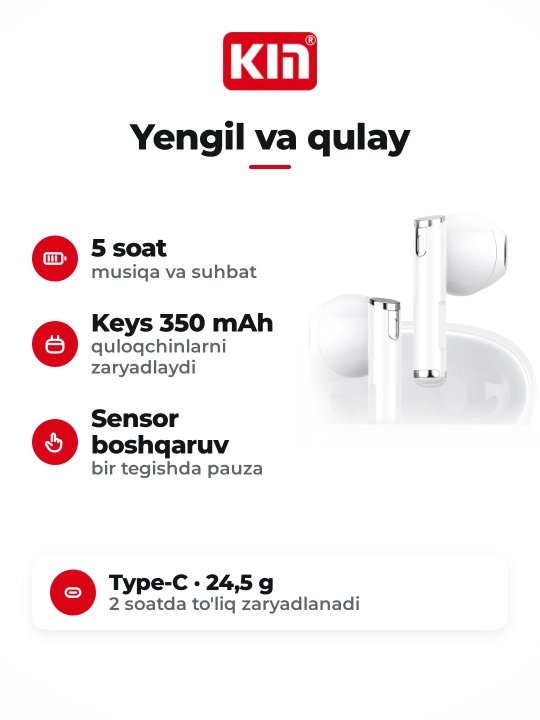 Беспроводные наушники KIN KL55, Bluetooth 5.3, сенсорное управление, микрофон, 6 цветов