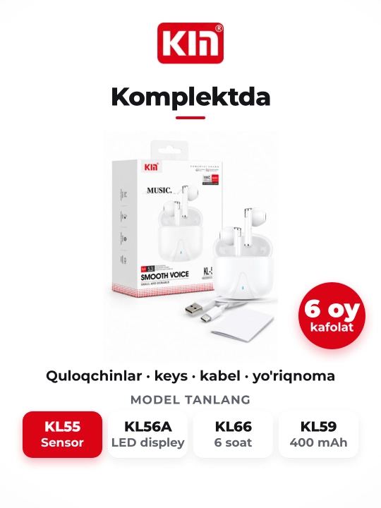 Беспроводные наушники KIN KL55, Bluetooth 5.3, сенсорное управление, микрофон, 6 цветов