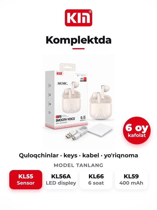 Беспроводные наушники KIN KL55, Bluetooth 5.3, сенсорное управление, микрофон, 6 цветов