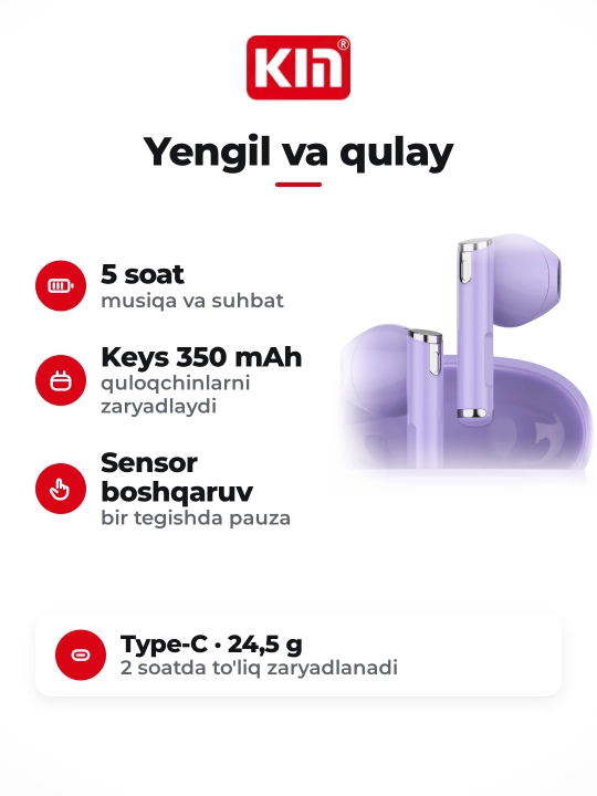Беспроводные наушники KIN KL55, Bluetooth 5.3, сенсорное управление, микрофон, 6 цветов