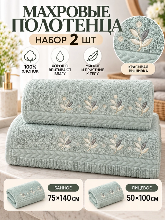 Набор махровых полотенец из хлопка 2 шт (банное 75х140 см  и лицевое 100х50см) - 
