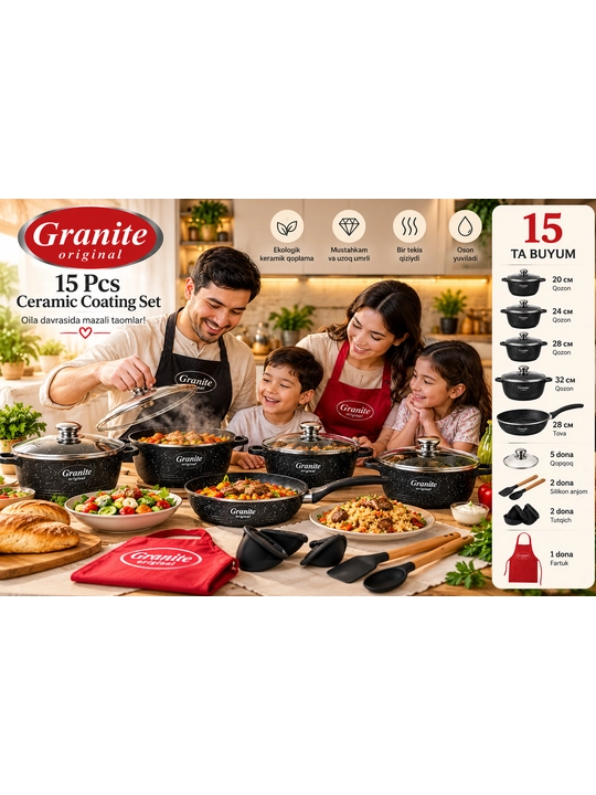 Granite qozon va tova to‘plami, 15 dona, keramik qoplamali