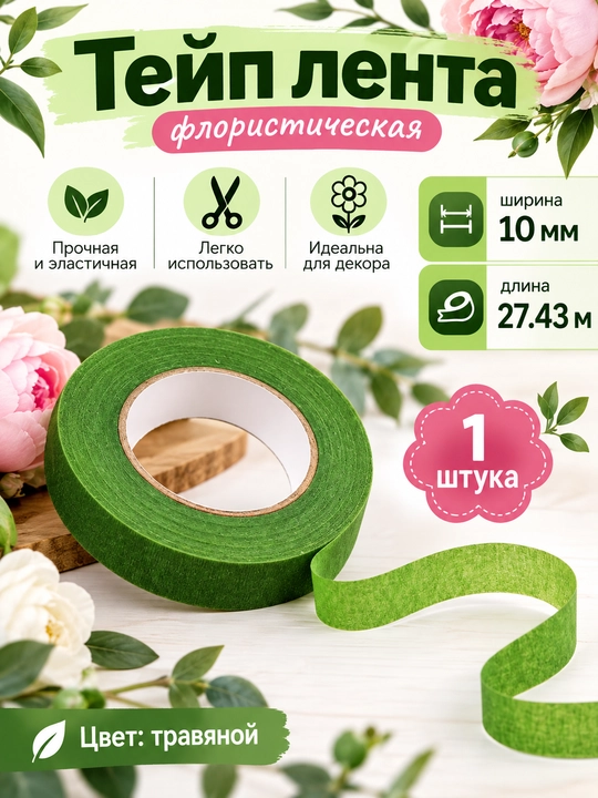 1 см, Тейп лента флористическая скотч для цветов рукоделия флористики синельная проволка - 