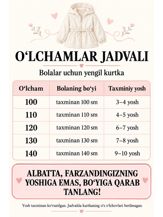 Qizlar uchun bolalar kurtka, yelpig‘ichi kapyushonli, 3-6 yosh, bo‘yi 100-140 sm