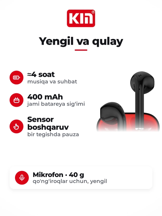 Беспроводные наушники KIN KL68 TWS Bluetooth с микрофоном, сенсорные, 400 мАч